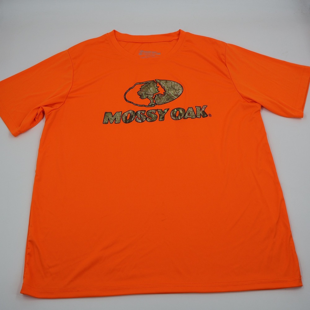 Mossy Oak Performance Shirt Mens XL Orange Camo Logo Short Sleeve Hunting Tee